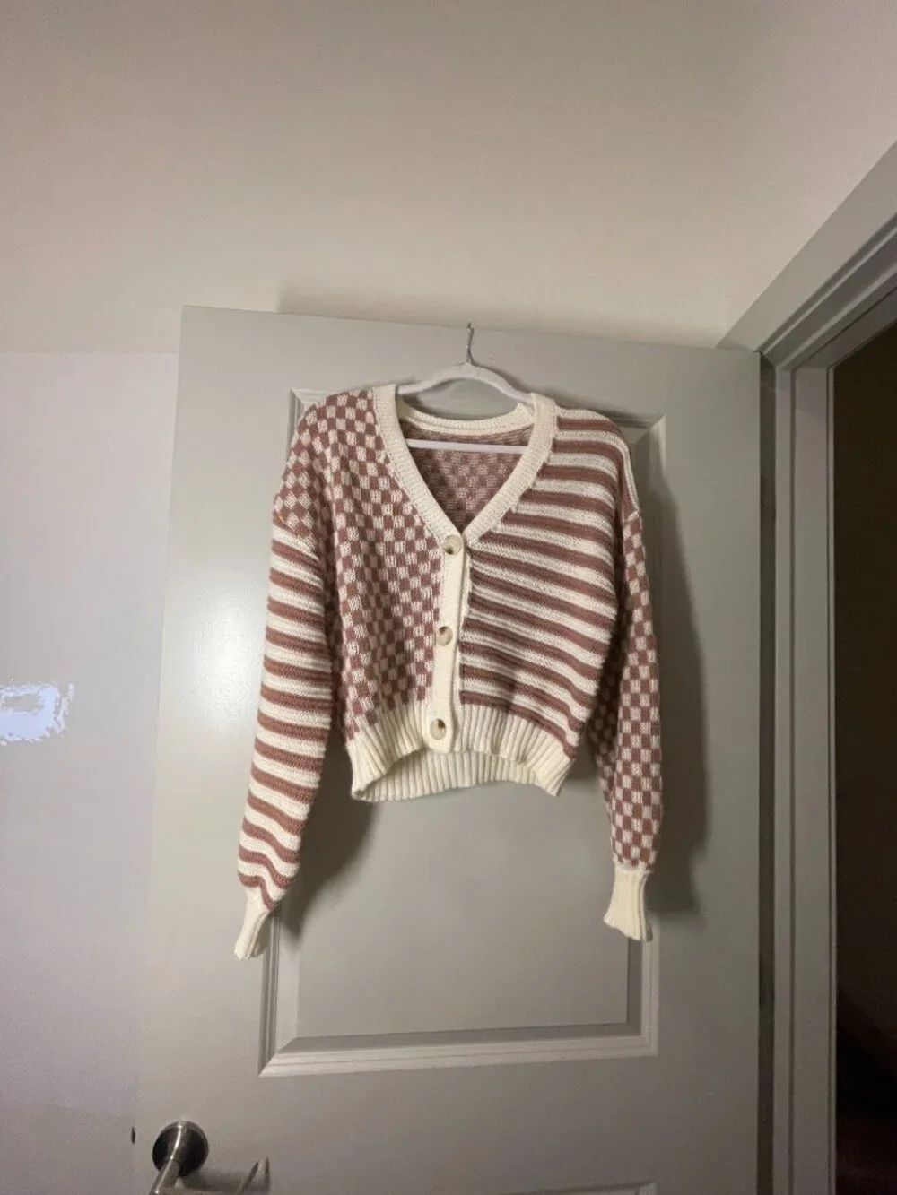 Checker Pattern Drop Shoulder Cardigan - Picture 3 of 7